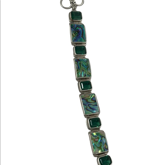 Sterling silver 925 green crystal & abalone chunky link bracelet - Picture 2 of 6